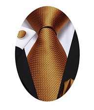 Mens Plaid Ties Classic Paisley Necktie with Handkerchief Cufflinks Set Bronze