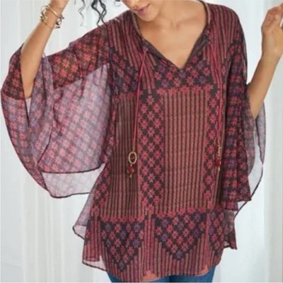 Soft Surroundings Top XL Chiffon Beaded Tunic Boho Lightweight Lined Artsy Flowy