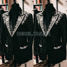Luxury Men Suit Black Glitter Velvet Tuxedo Jacket Crystal Rhinestone Blazer