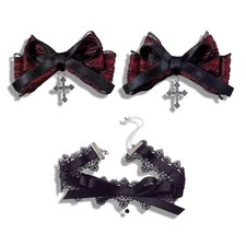 Women's Lace Bow Hair Clips, Gothic Hair Clips with Necklace Set, Black and R...