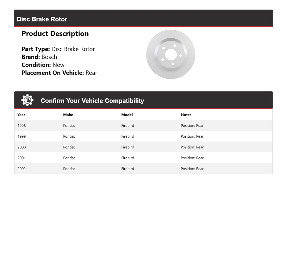 Para 1998-2002 Pontiac Firebird Bosch QuietCast rotor de freio a disco traseiro 1999 2000 - Imagem 2 de 4