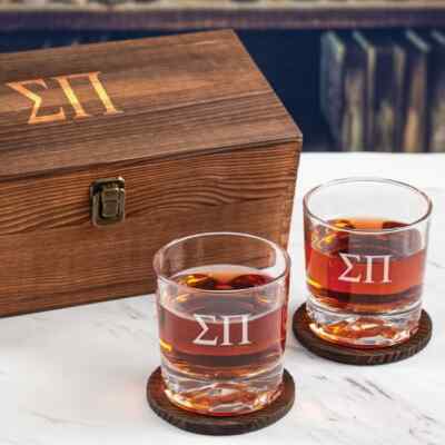 Sigma Pi Custom Engraved Whiskey Glasses In Wood Gift Box