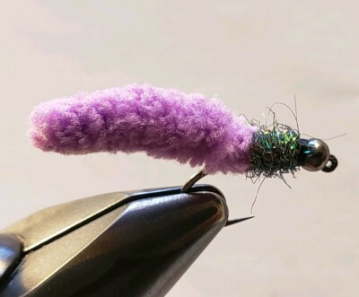 Fly Fishing Flies 12 Beaded Dust Mop Fly Purple color size 10 Barbless Jig 