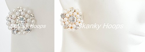 3/4" ELEGANT FLOWER SHAPE MINI PEARLS & RHINESTONES STUD EARRINGS (2 VARIATIONS) - Picture 2 of 26