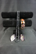 Black Beaded necklace 36in- Colorful bracelet - large earrings
