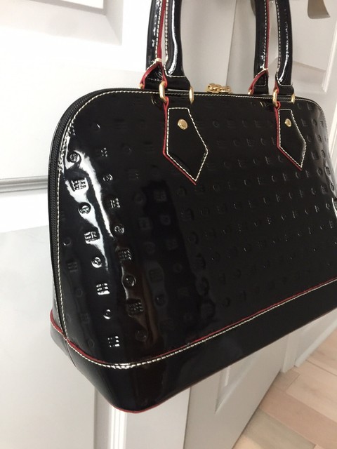 arcadia black patent leather purse