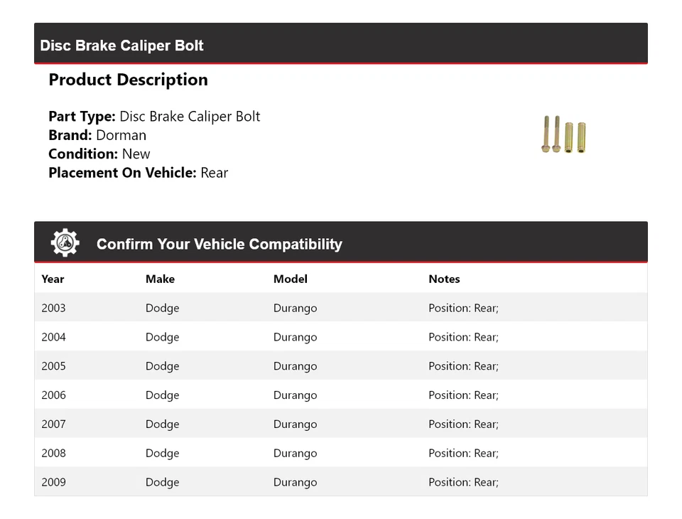 Задний болт суппорта дискового тормоза для Dodge Durango Dorman 2003-2009 годов выпуска 2004 2005 2006 годов выпуска - Изображение 2 из 4