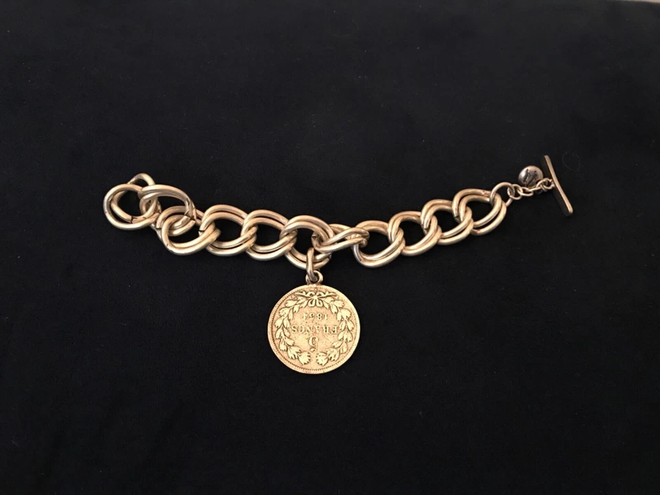 Silver Pewter Avant Gard Chunky Chainlink Bracelet 5 Franc Coin 8" Signed - Image 2 of 2