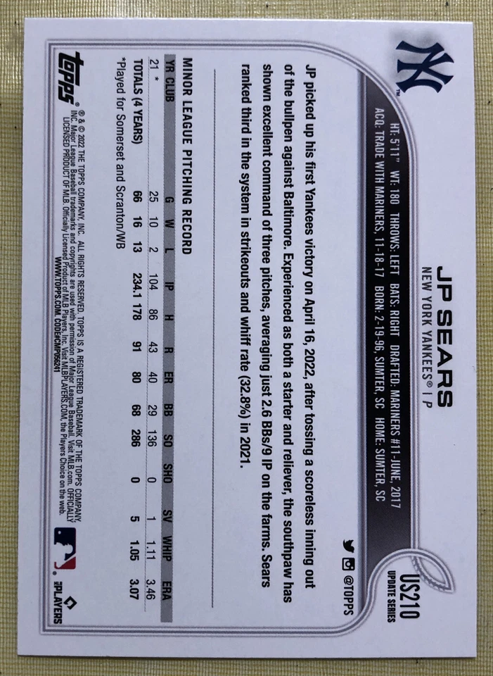 2022 Topps Update Series JP Sears Rookie Card (RC) #US210 Yankees High-Grade NM - Image 2 of 2