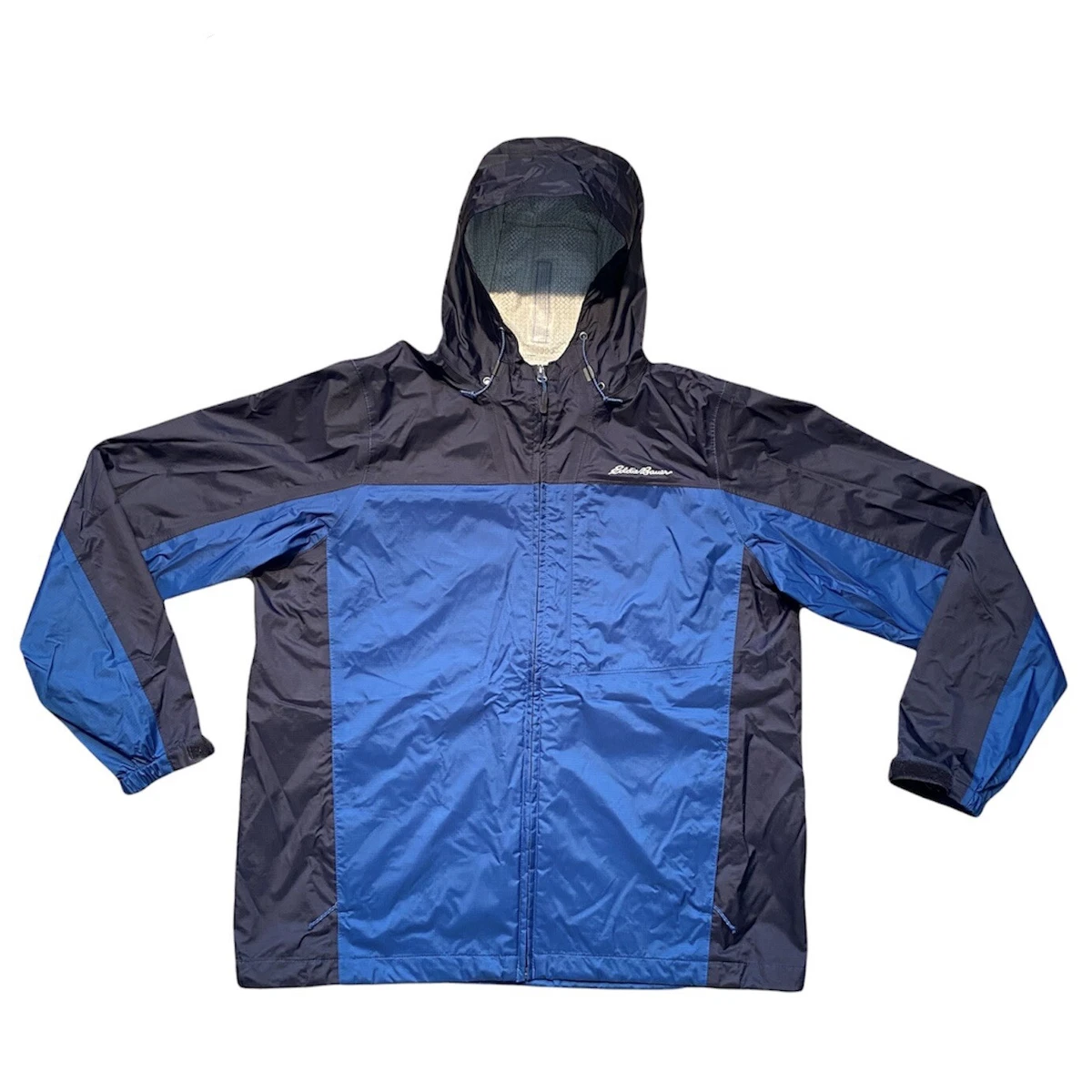 Eddie Bauer Men s Size L WeatherEdge Rain Jacket Blue Colorway Hooded Full Zip