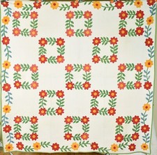 Vintage 1860's Red, Green  Cheddar President's Wreath Applique Antique Quilt 