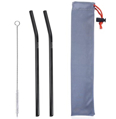 Explorer Bear 2pc Reusable Black Titanium Straws w/Cleaning Brush & Carrying Bag