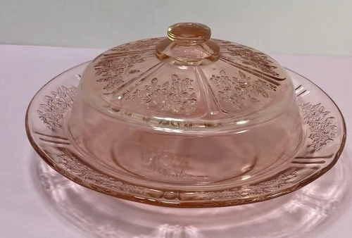 Vintage Federal Glass Sharon Pink Cabbage Rose Butter/Cheese Dish With Cover