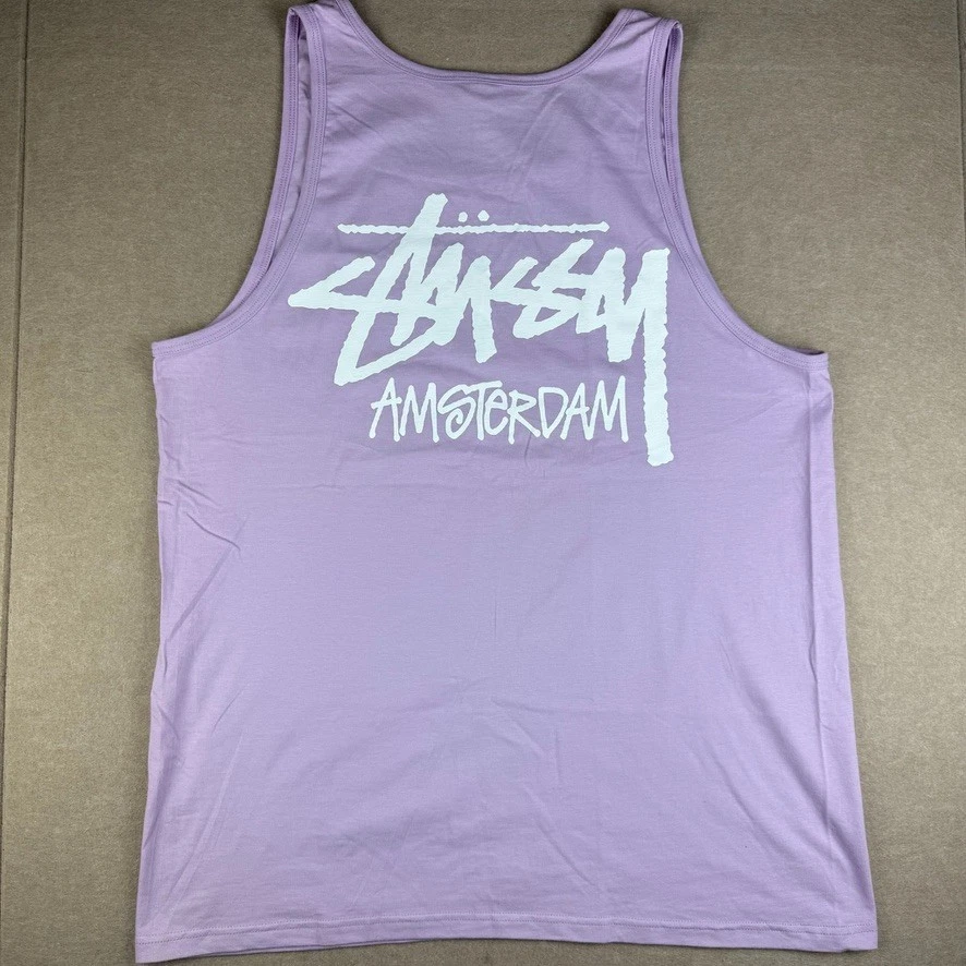 Stussy Amsterdam Tank Top Mens XL Lilac Streetwear Graphic Logo Sleeveless Tee