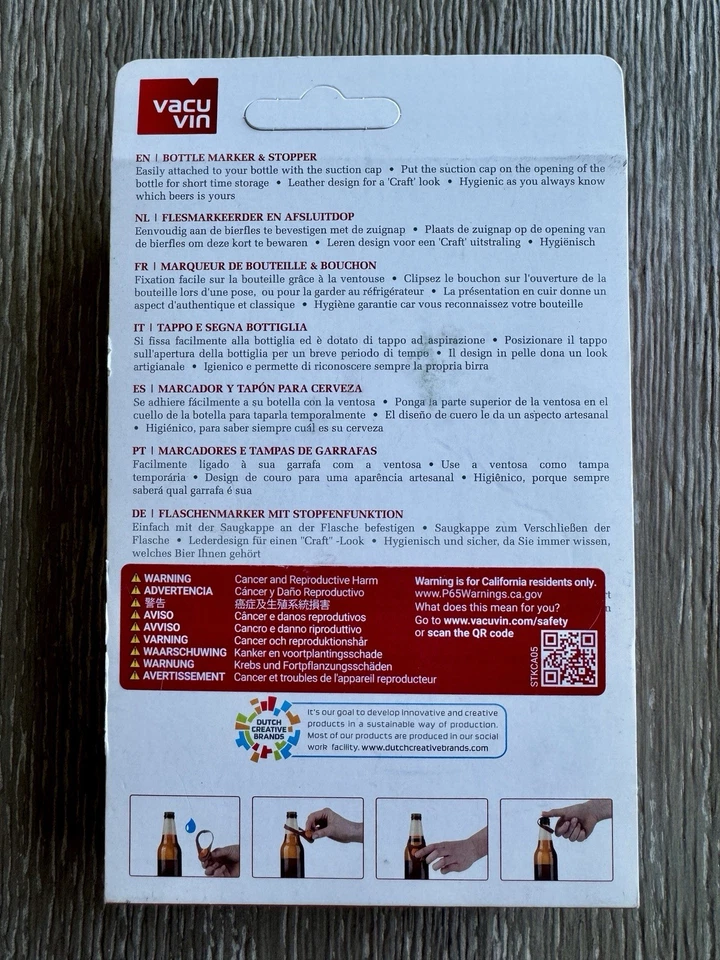 Marcador y tapón de botella Vacu Vin, diseño de cuero, juego de 6, nuevo en caja Foto 2 de 3