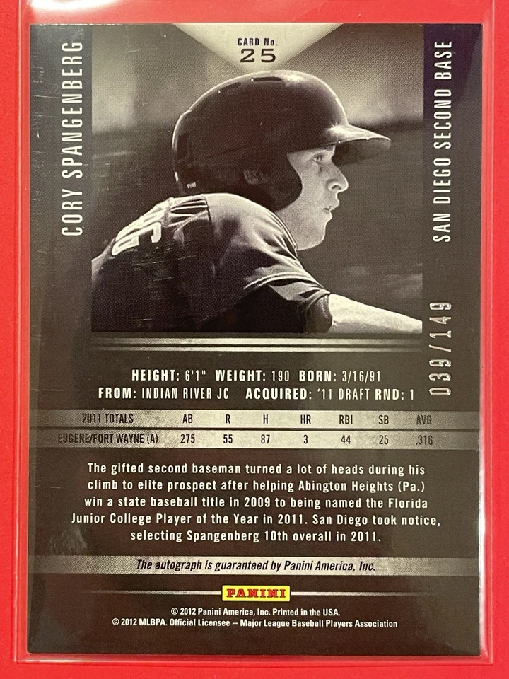2011 Panini Limited Cory Spangenberg Draft Hits Auto /149 #25 Baseball Padres - Image 2 of 3
