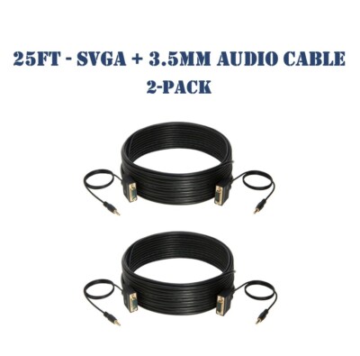 25FT SVGA Video Cable + 3.5mm Audio Aux Jack M/M PC Display Monitor Cord- 2-Pack