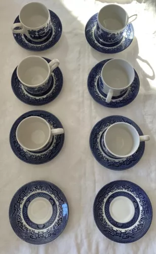 Set Of 6- Blue Willow Church Hill Coffee Mugs /Tea Cups Plus 2 Saucers