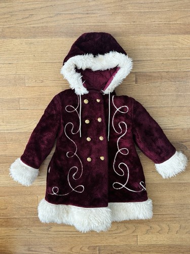 70s Vintage Sears Kids Hooded Penny Lane Coat Faux Fur Maroon White Scroll Sz 6 - Picture 4 of 18