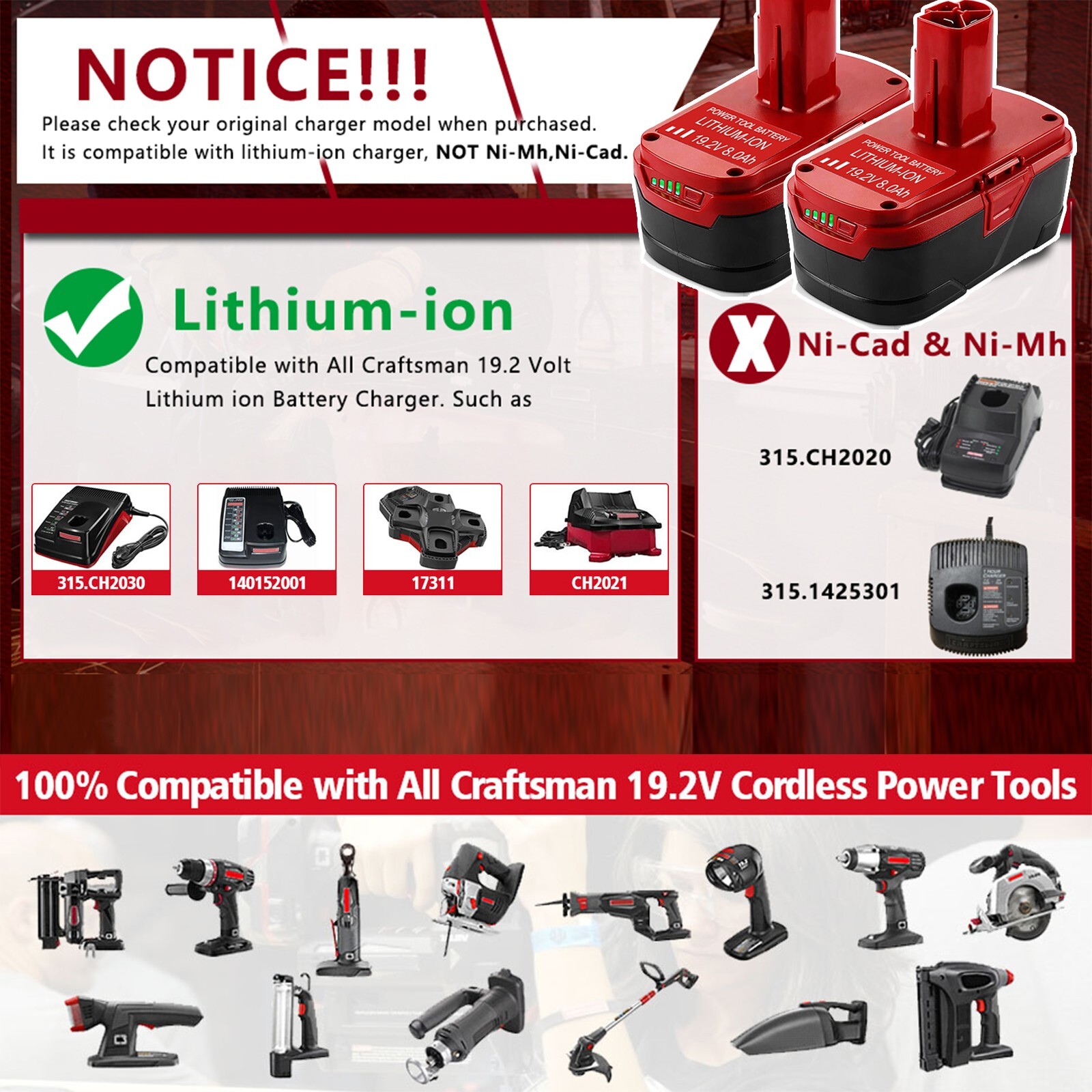 2Pack 19.2 Volt 8.0Ah For Craftsman C3 DieHard Lithium ion XCP Battery 11375 NEW