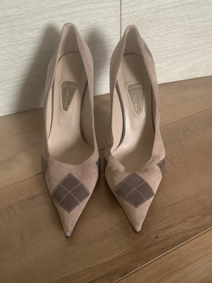Zapatos de tacón alto Enrico Gibellieri punta gamuza bronceado estampado argyle Italia talla 39 Foto 3 de 4