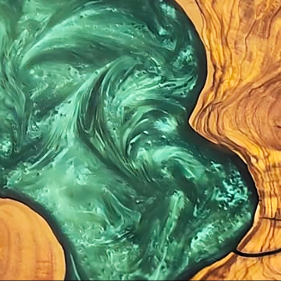 Mesa de centro redonda río epoxi verde oliva personalizada | Diseño moderno hecho a mano Foto 3 de 4