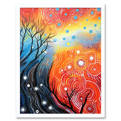 Contemporary Aboriginal Artwork in Blue and Orange Framed Wall Art Print 9X7''