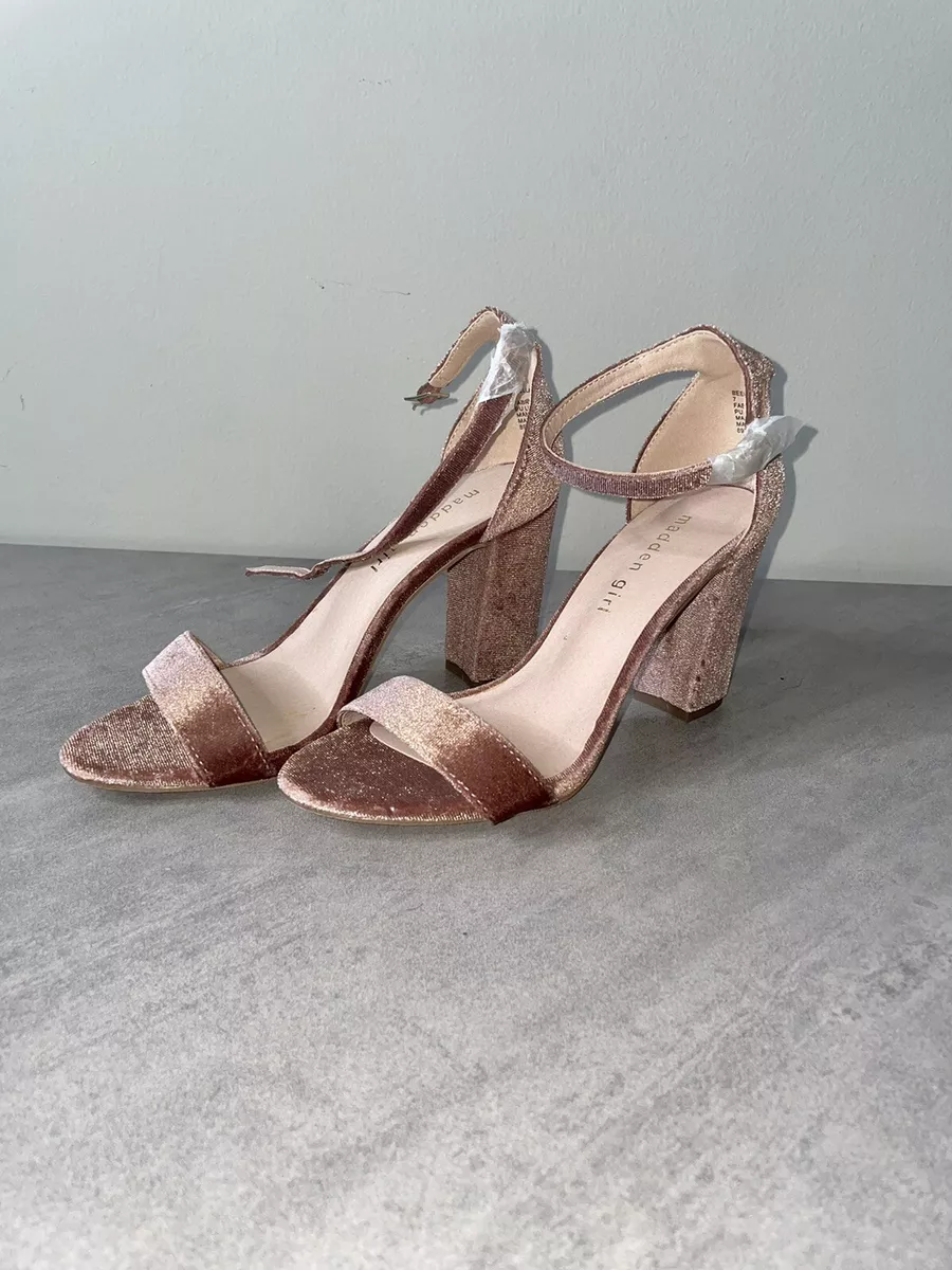 MADDEN GIRL Beella Pink Blush VELVET VELOUR Ankle Strap OPEN TOE Heels Sz 7