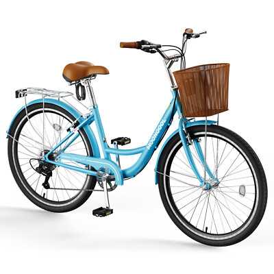 #ad MOONCOOL Beach Cruiser Bike for Adult 24 inch 7 Speed Commute Bike With Basket $238.99