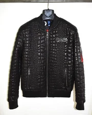 Philipp Plein Quilted Men's Black Lambskin Genuine Leather Luxury Bomber Jacket