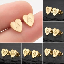 Alphabet Earrings, Stainless Steel Heart initial Stud Earrings FJS180-Gold