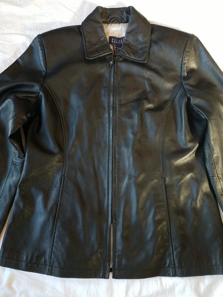 Women's HILLARD & HANSON 100% Genuine Leather Black Satin Poly Lining Size Large Foto 3 de 4