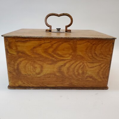 Antique Metal Lock Box Trade Safe Deposit Box Heavy Faux Wood ~32