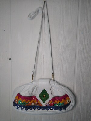 Samir Vtg HandBag White Bright Color Block Zigzag Prints Leather Hinged Purse