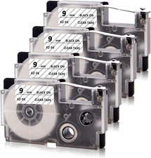 4PK XR-9X Label Tape Black on Clear Compatible Casio 9mm Cartridge KL-120 KL-750