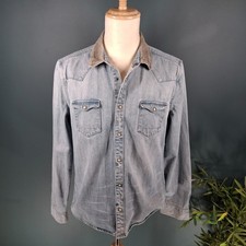AllSaints Denim Shirt Mens XL Blue Western Corduroy Collar Snap Pearl Buttons