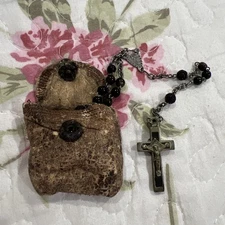 Rare Atq Antique Circa Late 1800s France Catholic Rosary with Leather Pouch