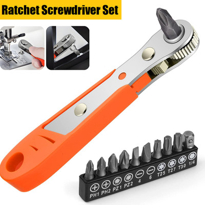 36-Tooth Mini Ratchet Screwdriver Hex Drive 90 Degree Offset with 10pcs Bits Set