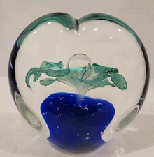 Vintage HEART Shaped Art Glass Paperweight Bubbles & Flower Inside Blue & Green