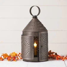17-Inch Fireside Lantern in Kettle Black Punched Tin Electric