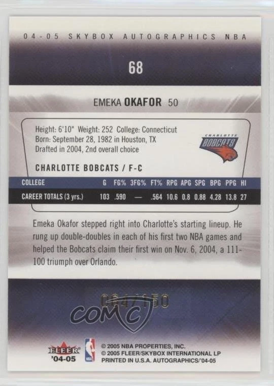 2004-05 Skybox Autographics Insignia /150 Emeka Okafor #68 Rookie RC - Image 2 of 2