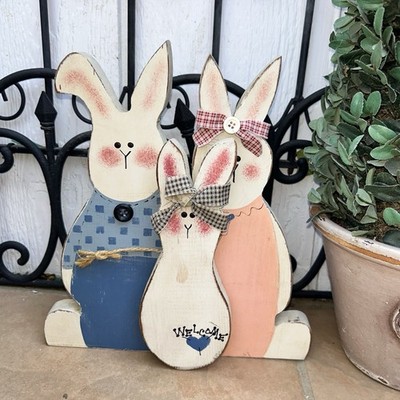 Primitive Wooden Easter Bunny Family Plaque ''Every Bunny's Welcome'' Shelf Sitter