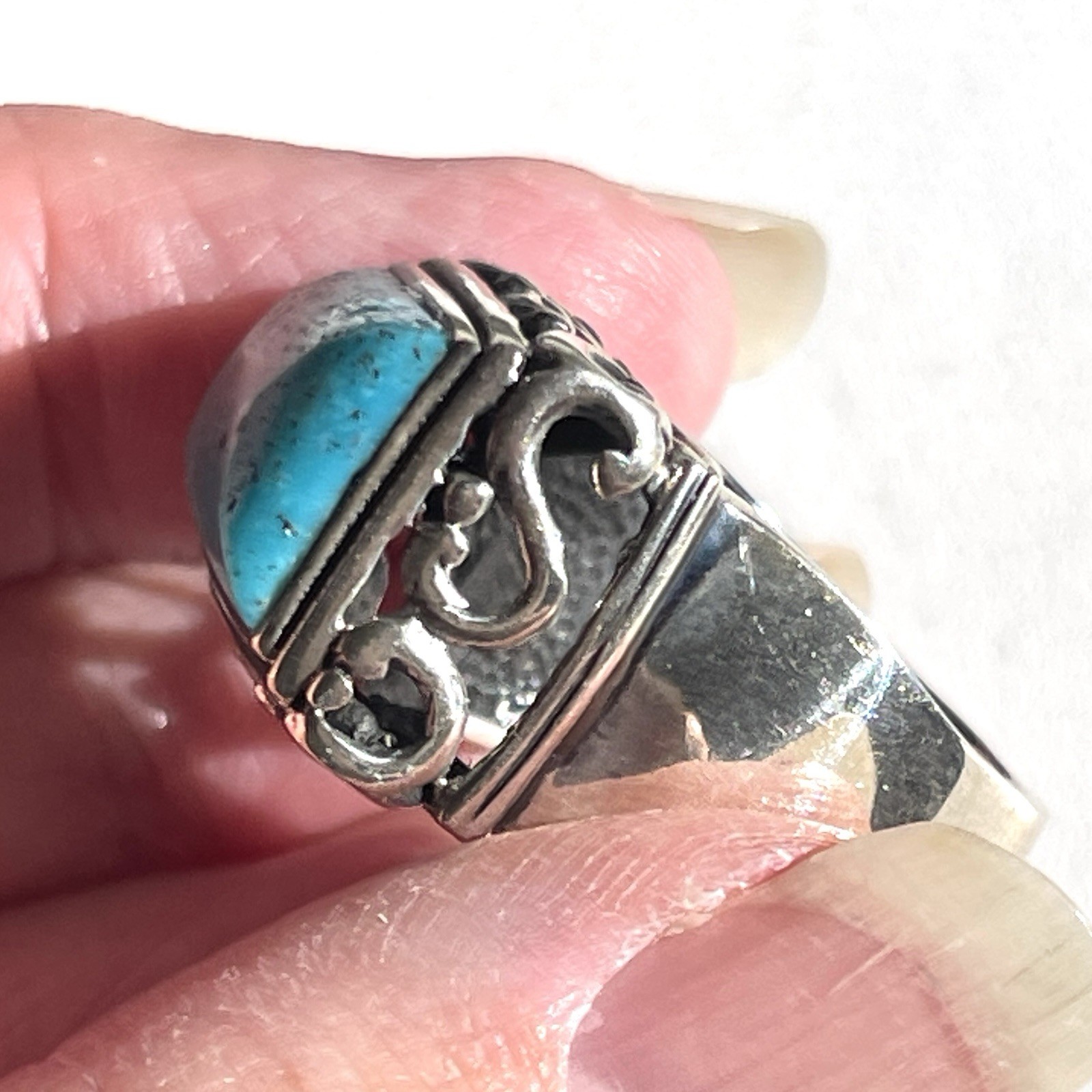 Blue Turquoise and Silver Statement Ring with Dec… - image 6
