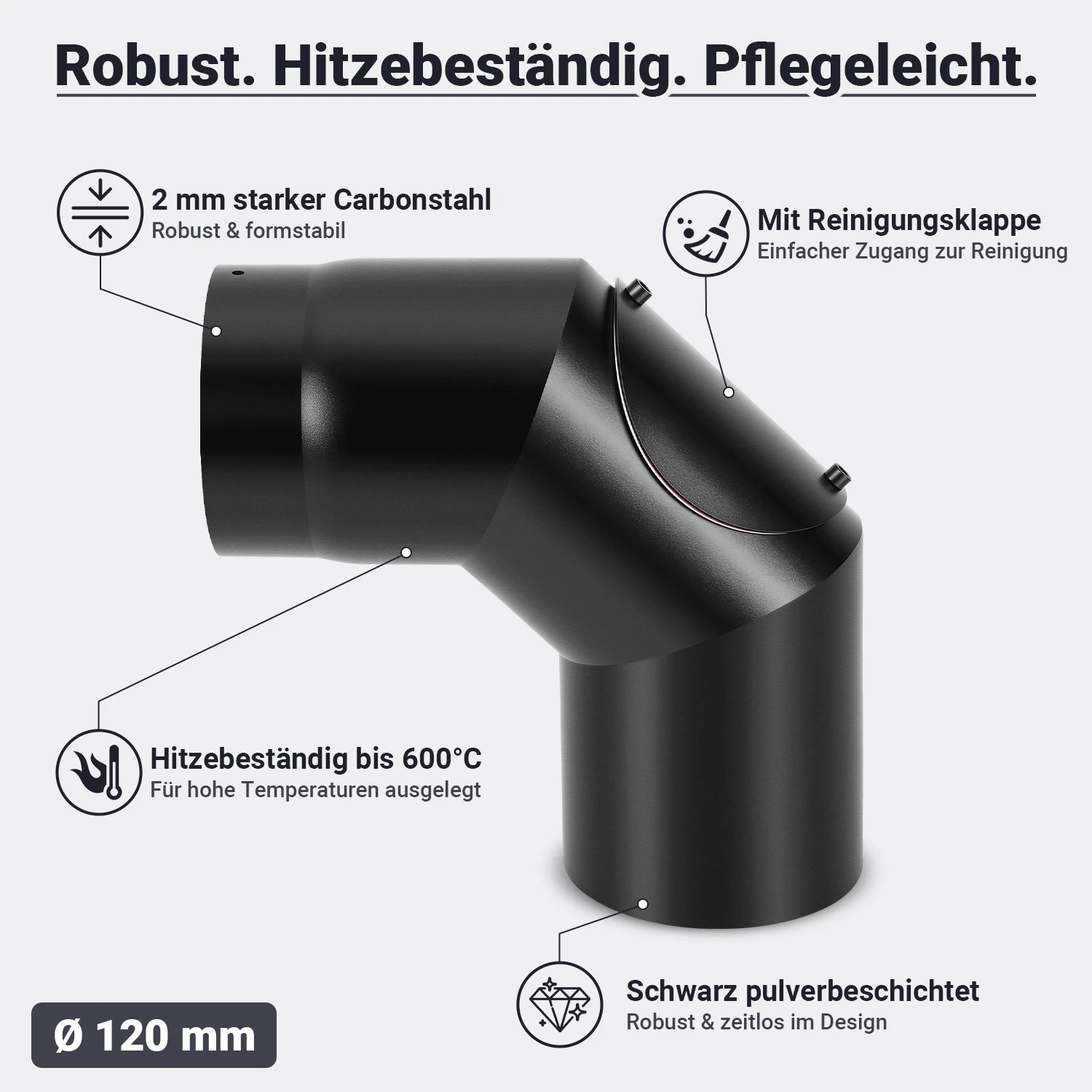 Rauchrohrbogen aus 2 mm Stahl mit Reinigungsklappe und schwarzer Beschichtung