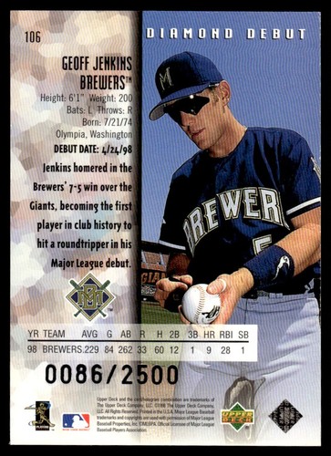 1999 Upper Deck Black Diamond Double Geoff Jenkins 0086/2500 Milwaukee Brewers - Picture 2 of 2