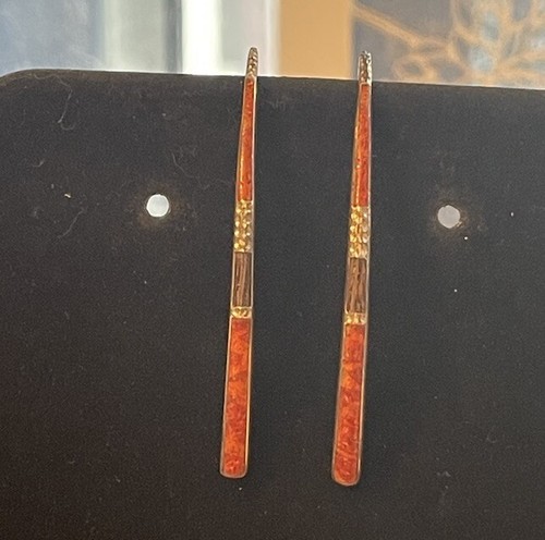 Silpada Sterling Coral Wood Inlay Threader Wire Earrings RETIRED! - Picture 2 of 4