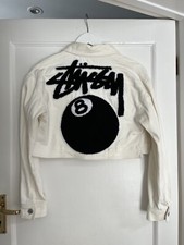 Vintage Stussy Womens White Cream Denim Cropped Jacket Chenille 8 Ball Logo