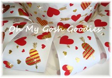 3" CUPIDS GOLD HOLOGRAM HEARTS BLING GROSGRAIN RIBBON VALENTINE 4 HAIRBOW WHITE