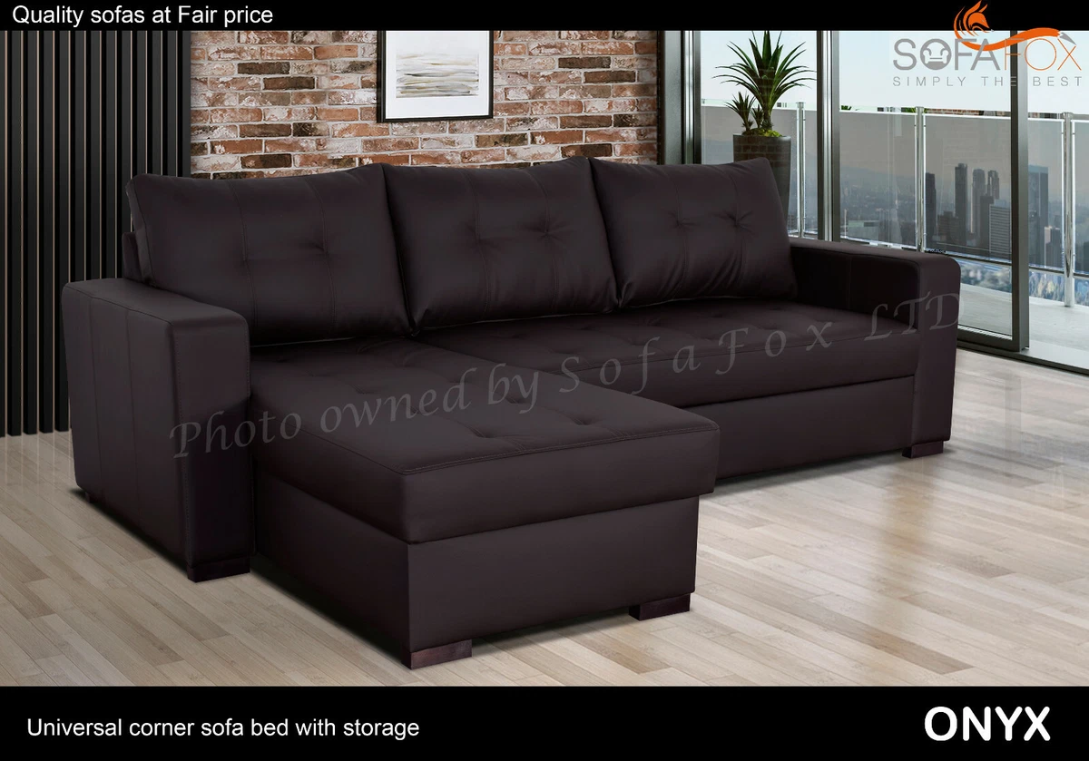 Corner Sofa Bed in Brown Faux Leather. L Shaped Sofa and Storage