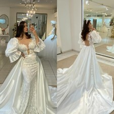 Elegant Satin Mermaid Wedding Dresses Long Sleeves Lace Backless Bridal Gowns